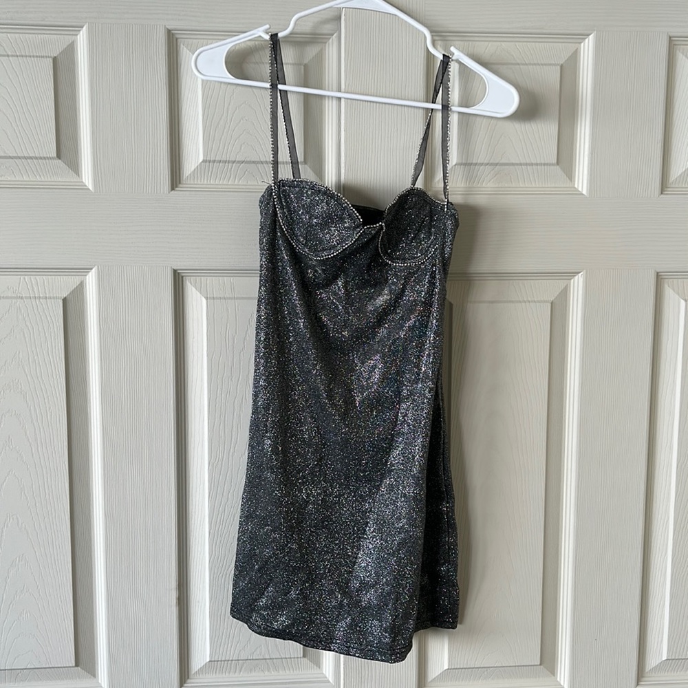 Dark Grey Sparkly mini Dress with bejeweled lining around chest